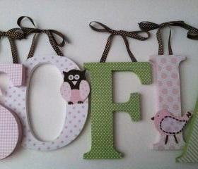 Owl and bird themed nursery letters in pink and green