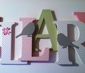 Bird themed letters in pink, green and gray